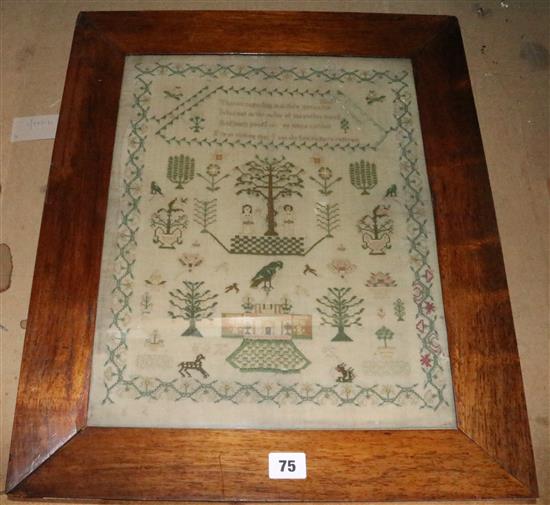Early 19th century needlework sampler, unsigned, worked with the Garden of Eden